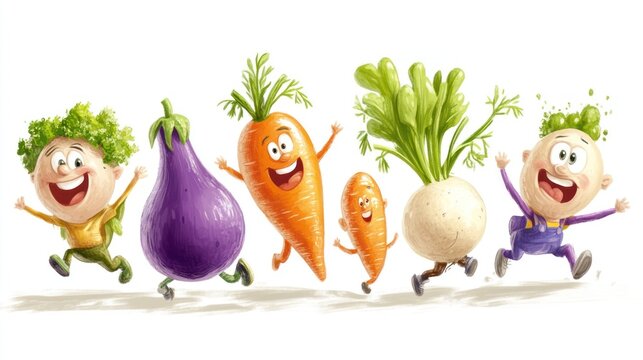 Kids run with vegetables. Cartoon illustration. Stock photo