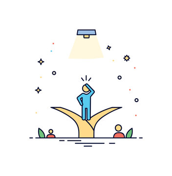 Moment of truth decision point illustrated by a simple figure standing at a forked path with a subtle spotlight above, expressing tension, clarity, and the