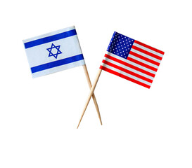 Fototapeta premium Paper small United states and Israel flags on toothpick isolated on white, clipping path. Concept picture.