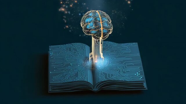 Artificial Intelligence learning concept. A futuristic illustration of artificial intelligence emerging from a digital book with circuit patterns