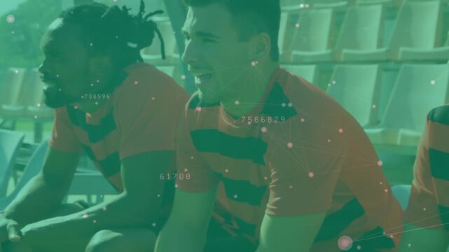Animation of network of connections with data processing over diverse rugby players at stadium