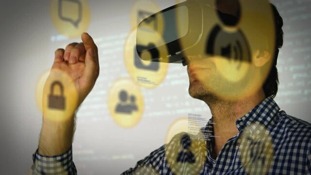 Animation of computer application icons, programming codes over caucasian man using vr googles