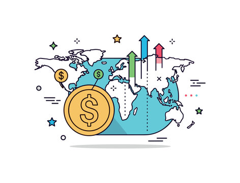Foreign direct investment concept built around a stylized money symbol merging with a world map outline, accented by small upward indicators that suggest
