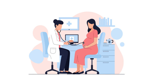 Doctor examining pregnant woman with stethoscope, prenatal care, healthcare concept