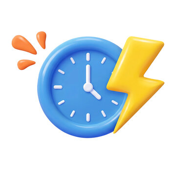3D clock reminder icon with yellow lightning bolt for urgent alert notification