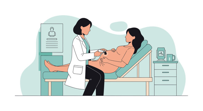 Doctor examining pregnant woman with ultrasound device, healthcare and pregnancy checkup concept