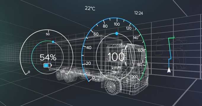 Animation of 3d car model and grid over dark background
