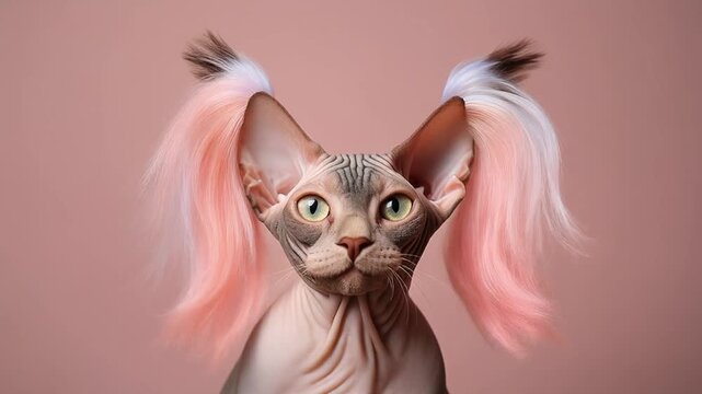 Sphynx cat with pastel pigtails headbanging intensely, slow motion cinematic video, high energy movement, pink background