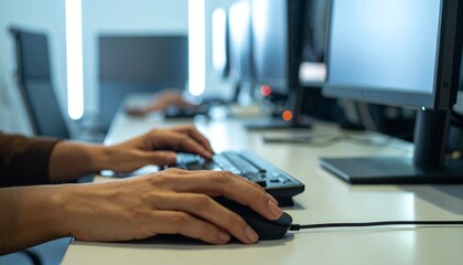 Fototapeta premium Hands working at a desk with a mouse and keyboard in a modern office setup