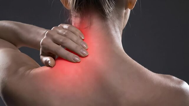 Woman with hand on neck pain red spot on back muscle strain injury
