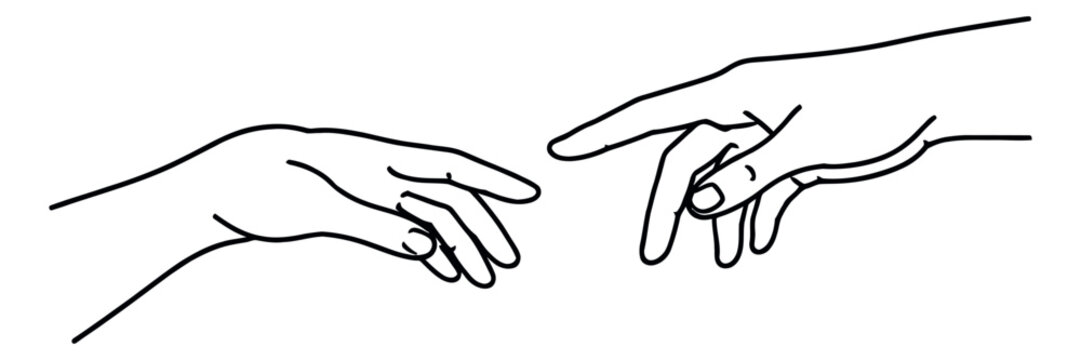 Hand drawn line art illustration of two hands reaching out depicting connection for human relationships and spirituality