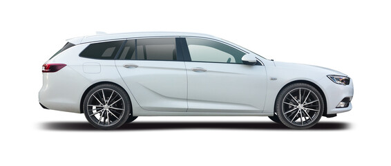 White Station Wagon, Side View of Modern Executive Estate Car Isolated on White Background