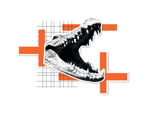 Black and white enlarged crocodile jaws open wide, partially cropped for dramatic composition, framed by bold orange rectangular bars and fine black grid lines
