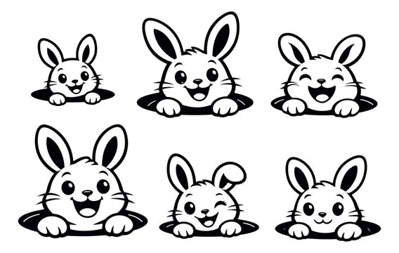 Cartoon line art bunny character set featuring happy bunnies peeking from holes for children's designs and spring themes