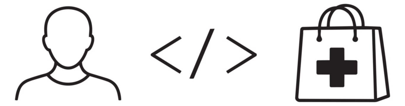 Line art icons set featuring a user profile, code symbols, and a pharmacy shopping bag for web development and digital health services