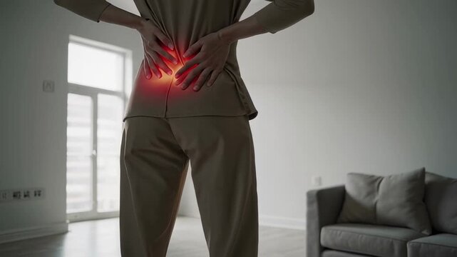 Professional businesswoman experiencing intense back discomfort, gently massaging painful lower spine area while wearing pajamas, standing in bright living room with red highlighted painful region