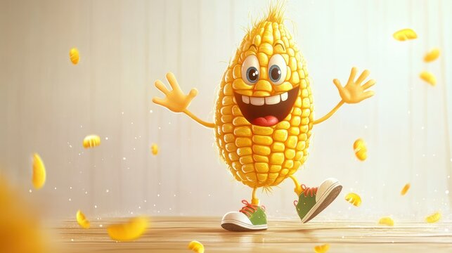 Cartoon Corn Animated Character, Happy Corncob,  Smiling, Dancing, Food Illustration,  Modern Style, Background Soft Lighting,  Suitable for Children's Products