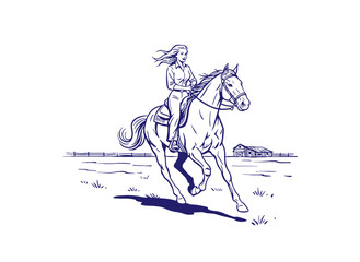 Fototapeta premium Horse riding vintage artwork for tshirt. Equestrian ranch life graphic print. Horse rider apparel design. Wild and free. Country girl adventure.