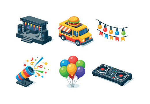 Street Festival. Isometric flat vector icons set of Street Festival: festival stage with lights, food truck van, string lights garland, confetti cannon,