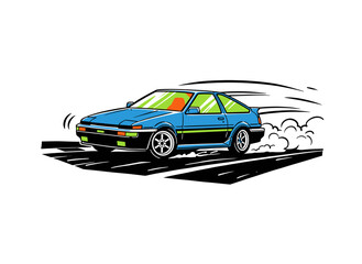 Naklejka premium Sport car print design for t shirt. JDM drift culture artwork. Speed racing poster design. Extreme road racing. Fast wheels challenge.