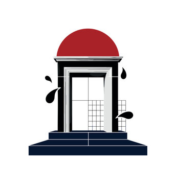 Black and white doorway frame centered composition, oversized red semicircle above the lintel as symbolic mark, deep navy geometric base platform, thin linear