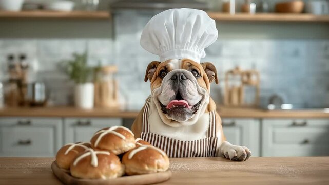 bulldog puppy in the kitchen,Cute dog in the kitchen with hot cross buns
