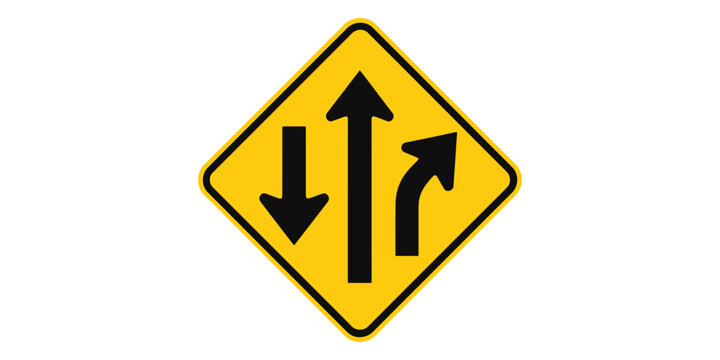 Traffic sign with multiple arrows pointing up down and right on yellow background