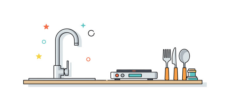 Minimal kitchen with a single modern faucet, small induction stove, and neatly placed utensils, emphasizing functionality and uncluttered design. Minimalist