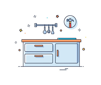 Kitchen remodeling scene illustrated with a cabinet outline, a countertop detail, and a subtle hammer icon nearby, expressing modernization, functionality, and
