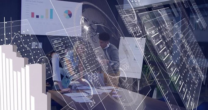 Three colleagues leaning over table consulting laptop, causing 3D bar charts rising for business