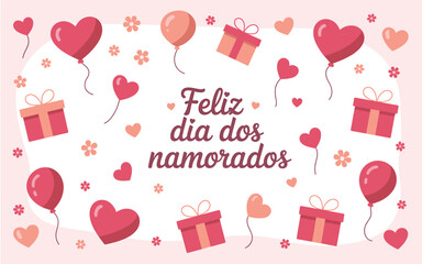 A colorful vector graphic illustration celebrating love and romance with hearts, gifts, and balloons.