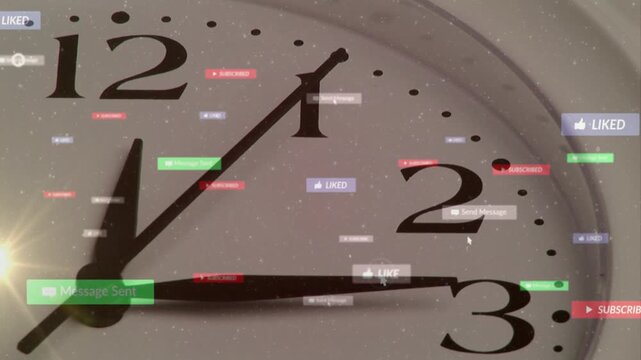 Analog wall clock showing engagement, lens flare initiating badges spawning and drifting clockwise