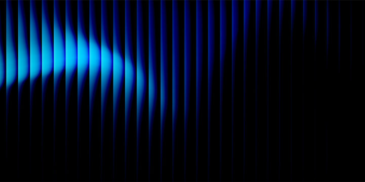 Abstract futuristic soundwave design, glowing blue gradient light waves forming symmetrical vertical spikes, centered composition