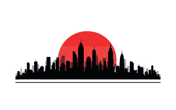 Monochrome city skyline in silhouette with bold red half-circle behind buildings like glowing sunset disc, thin horizontal baseline grounding the architecture,
