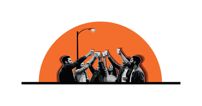 Monochrome friends clinking disposable cups in celebration, bold orange half-circle behind like streetlight glow, thin baseline grounding the figures, layered