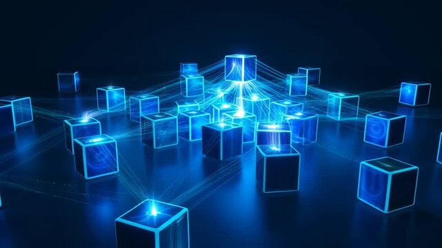 Futuristic glowing cube array, blockchain connection, data network with dynamic light beams, technological connection structure, digital connectivity with blue lights.