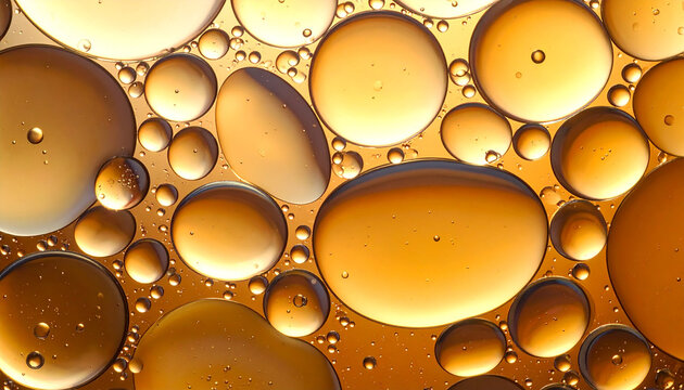 Abstract macro shot of golden oil bubbles floating