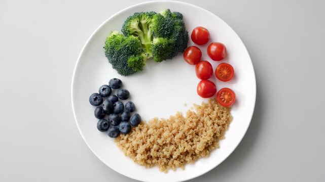 Overhead shot of healthy colorful meal plate with broccoli, cherry tomatoes, blueberries, and quinoa on white round plate