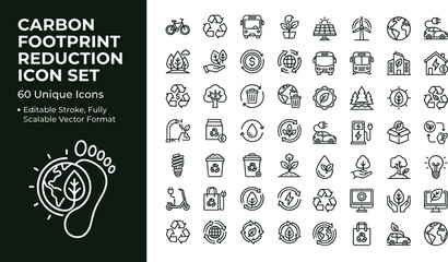 Carbon footprint reduction line icon set with sustainability recycling renewable energy and eco friendly lifestyle symbols © set kine