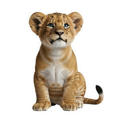 Fototapeta premium A cute little lion cub sitting alone on a white background isolated on transparent background