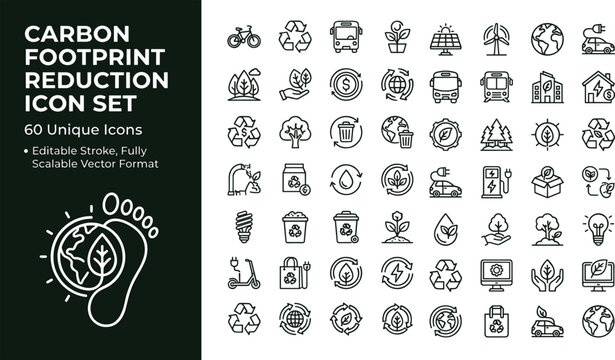 Carbon footprint reduction line icon set with sustainability recycling renewable energy and eco friendly lifestyle symbols