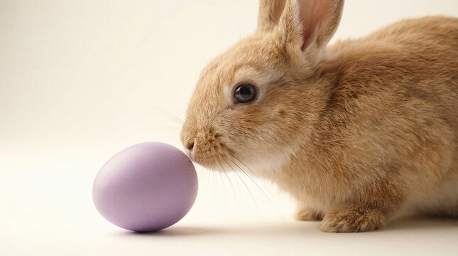 Cute furry rabbit with soft brown fur curious about a single pastel purple color egg on white backdrop