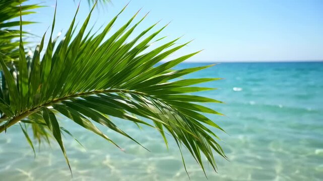 Tropical holiday, palm leaves and turquoise blue sea water ripple patterns under clear summer sky, vacation travel background