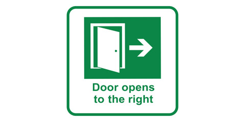 Green sign with white door and arrow indicating door opens to the right isolated on white background