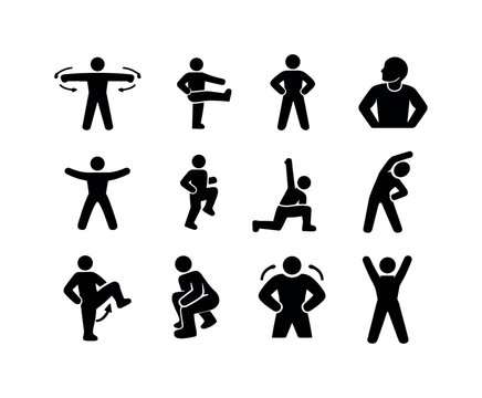 Dynamic Warm Up. Solid icon set of Dynamic Warm Up: arm circles stretch, leg swings exercise, torso twist stretch, neck rotation, jumping jacks warm up, high
