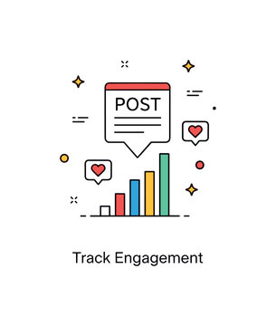 Shareable content concept engagement analytics scene with a post icon above a minimal bar chart and small heart symbols, expressing measurable interaction and
