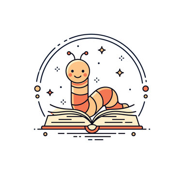 Bookworm mascot style emblem featuring a smiling worm emerging from a book framed within a simple circular badge suggesting education branding and literacy