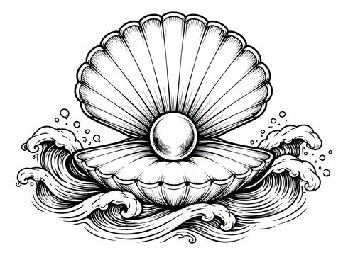 Hand drawn line art illustration of a scallop shell with a pearl depicting it surrounded by ocean waves for a nautical theme