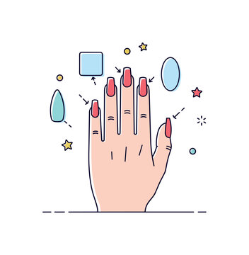 French manicure shape guide featuring a hand with subtle outlines marking square, oval, and almond nail shapes around it, suggesting choice and