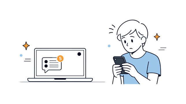 Fear of appearing offline. A person glancing at a phone while a laptop shows unread messages and a dimmed status dot. Anticipation and quiet worry conveyed